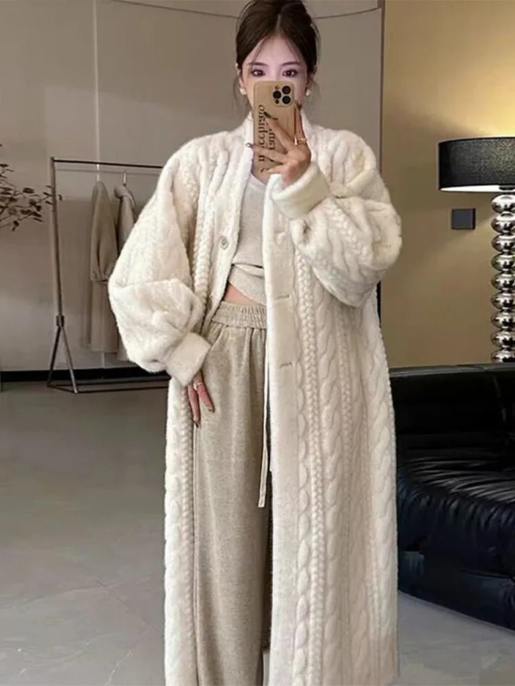 Winter Thicken Faux Fur Coat Women Long Sleeve Single Breasted Loose Female Jacket Knit Lady Fashion Oversized Outcoat 251226