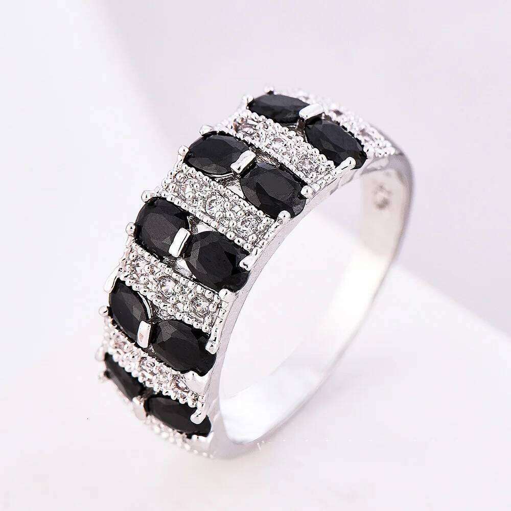 High-end Retro Elegant 925 Sterling Big for Women Black Stripe Crystal Zircon Silver Color Rings Girlfriend Gifts
