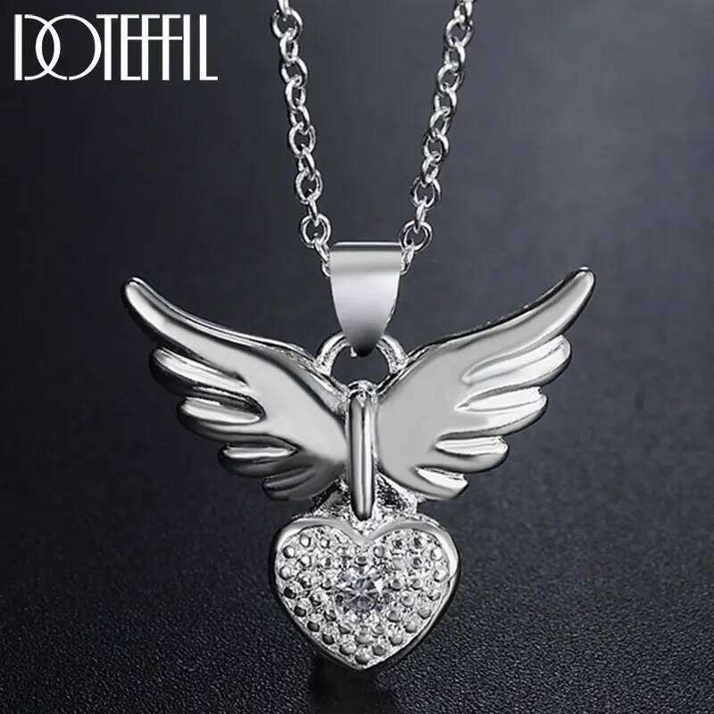 DOTEFFIL 925 Sterling Silver 18 Inch AAA Zircon Love Heart Wings Pendant Necklace For Women Fashion Wedding Party Charm Jewelry