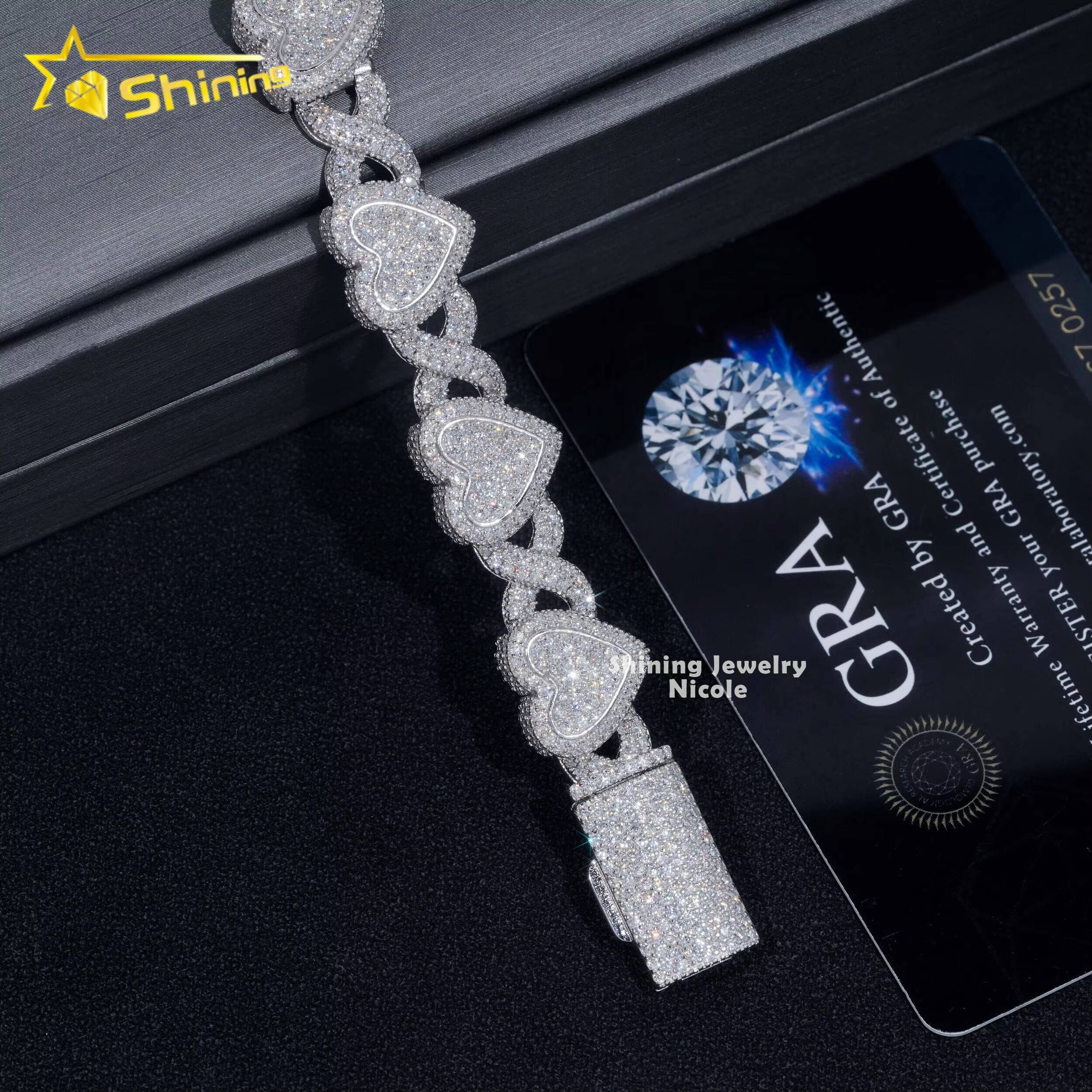 GRA Certificate Men Women Iced Out Hip Hop 925 Silver Heart Moissanite Infinity Cuban Link Bracelet