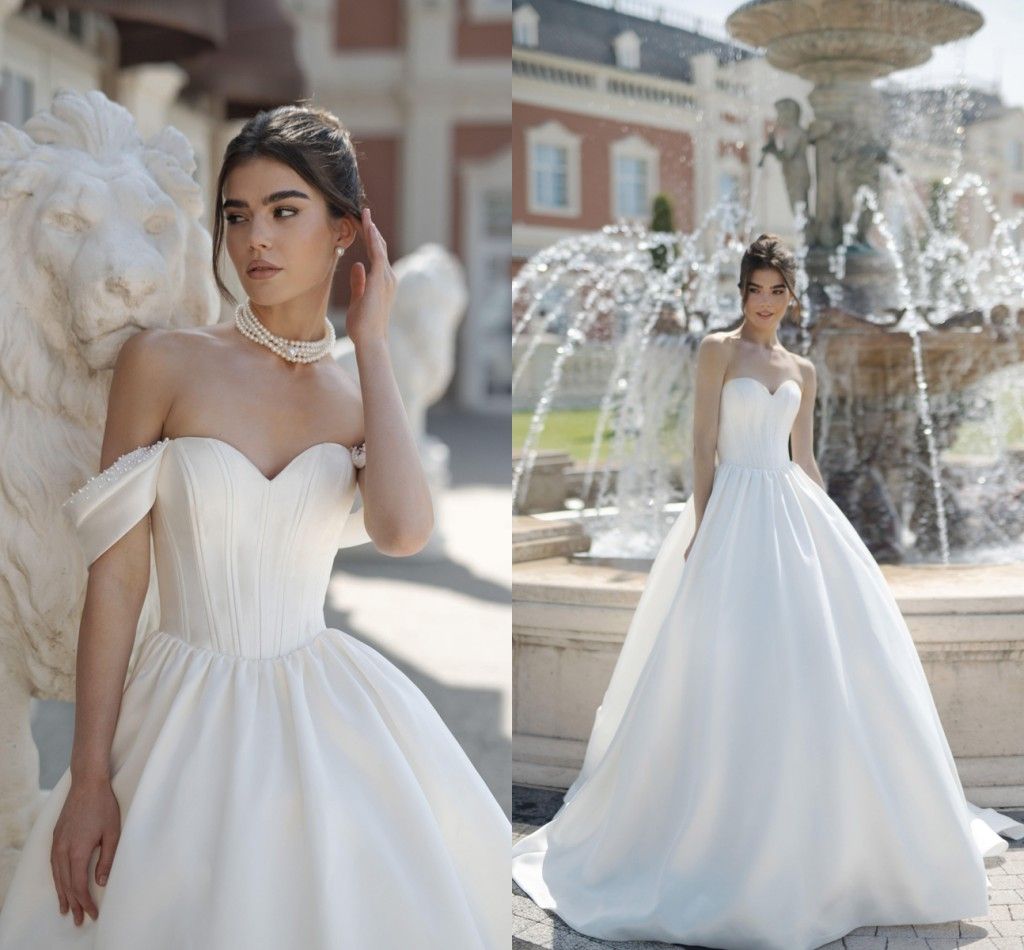 Modest Pearls Beaded Ball Gown Wedding Dresses With Detachable Sleeves White Satin Garden Outdoor Bridal Gowns Plus Size Simple Women Bride Ceremony Dress