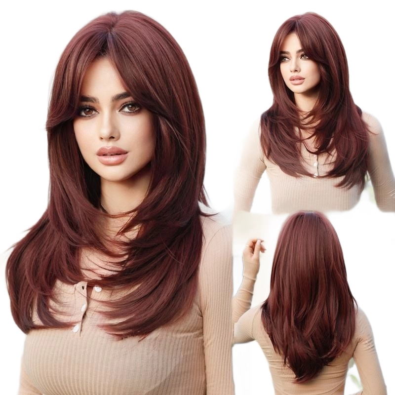 Wigs Human Hair Wigs with Bangs Blonde Gradient Long Brown Matte 25 Inches Wig for Women Layered Synthetic Wigs Heat Resistant for Daily Party Use