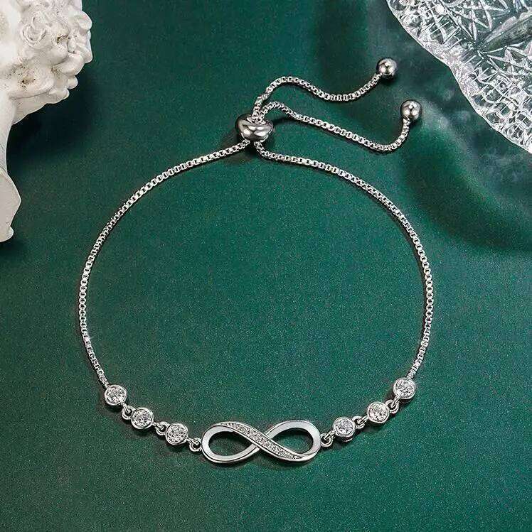 Korean New Luxury Crystal Infinity 8 Pendant Bracelet Women Endless Love Shiny Rhinestone S925 Sterling Silver Bangle Jewelry
