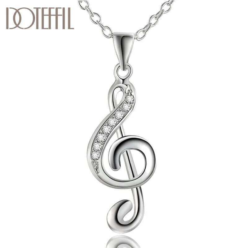 DOTEFFIL 925 Sterling Silver 18 Inches Musical Symbol AAA Zircon Pendant Necklace For Women Fashion Wedding Party Charm Jewelry