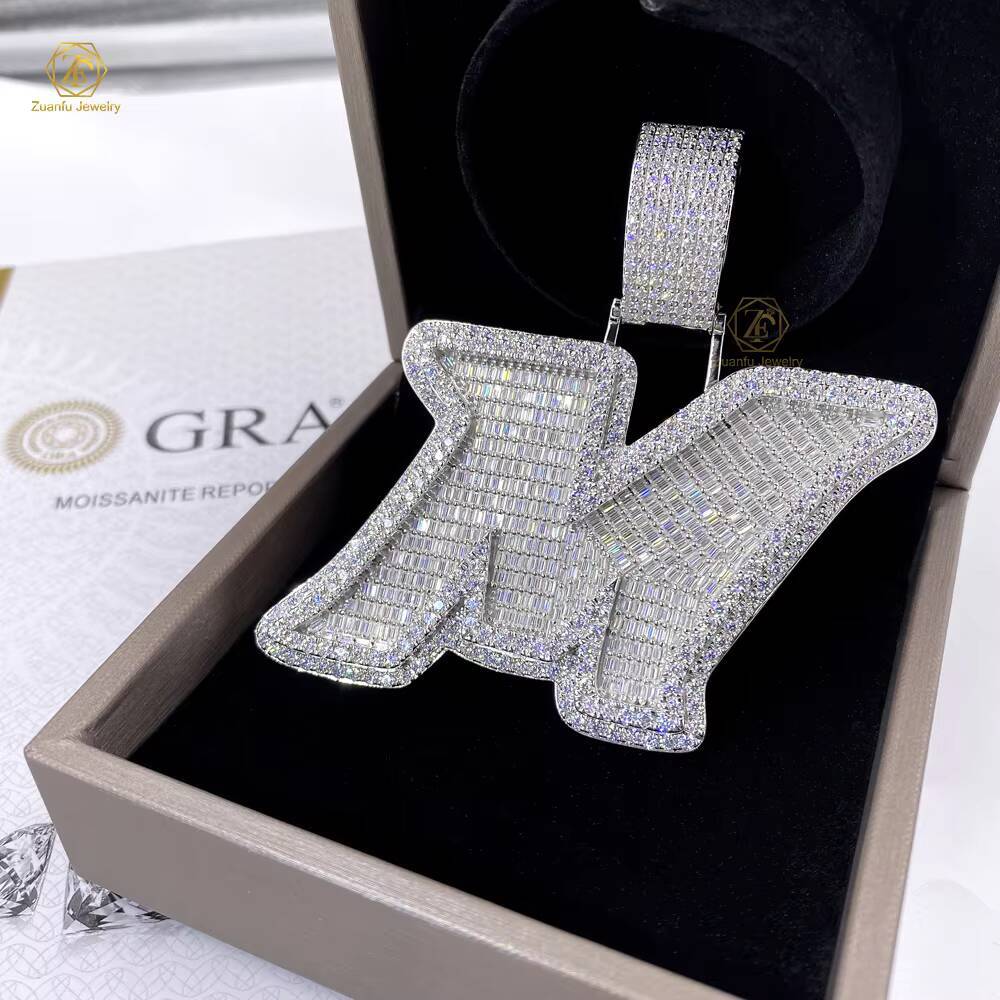Custom Personalized Hip Hop Jewelry Baguette Moissanite 925 Silver Initial Letter M Iced Out Pendant With Cuban Chain