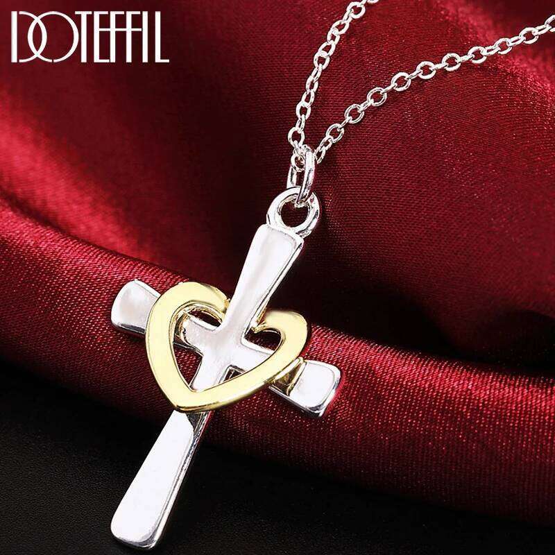 DOTEFFIL 925 Sterling Silver Cross Heart Pendant Necklace 18-30 Inch Chain For Woman Man Wedding Engagement Party Charm Jewelry