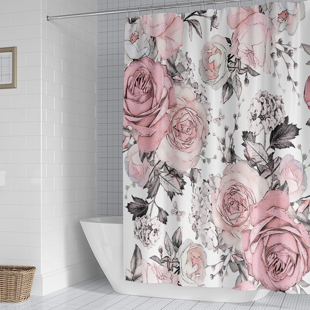 YL-38103 Floral Shower Curtain Set with Watercolor Floral Print Polyester Waterproof Shower Curtain and Bathroom Cover