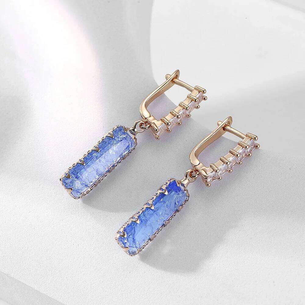 New Blue Rectangular Crystal Glass Dangle Earrings for Women Korean Ice Cracking Gold Color Girls Ear Wedding Party Jewelry Gift