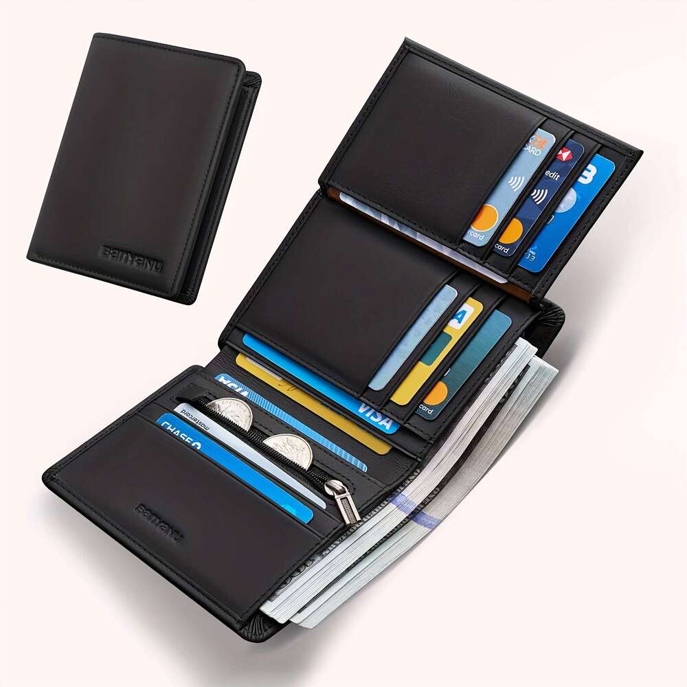 JINXIANGGUO Genuine Wallet BANYANU Genuine Leather Men S Three Fold Wallet Card Slots Anti Theft Feature