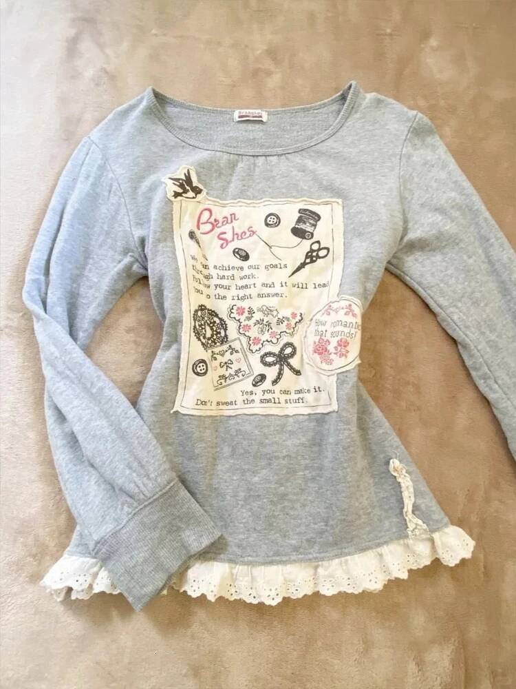Bestseller Vintage Cute Gray Long Sleeve T-Shirt Women Lace Trim Patchwork Print Y2k Tops Sweet Japanese Kawaii Casual Blouses Autumn 2025 ddmytues