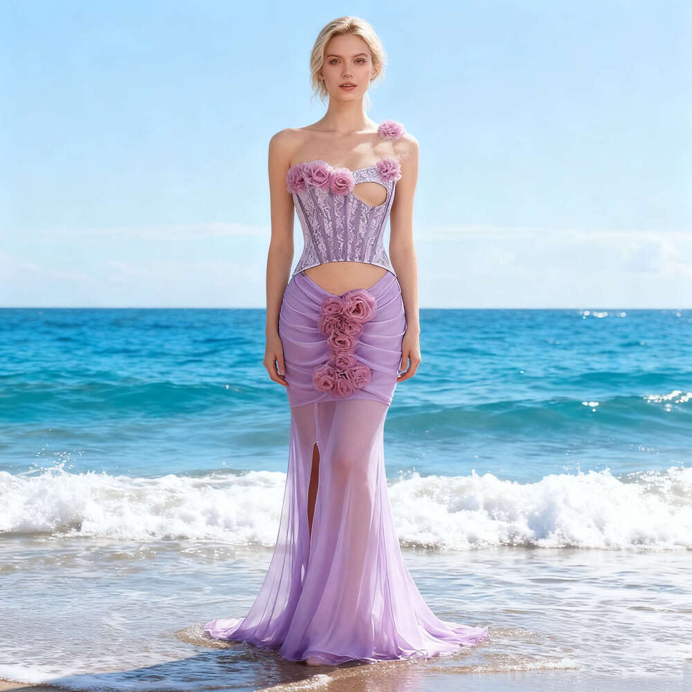 Floral Corset Mesh Cut-Out Long Dresses for Women Bustier Evening Dress with Rosettes Slim Fit Mermaid Maxi Dress Show Evening Gown Women S Luxury Clothing