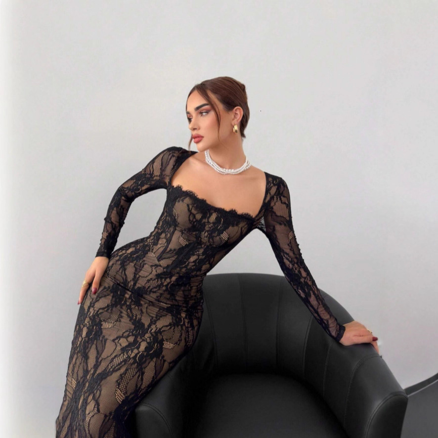 2025 Square Neck Lace Patchwork Split Waist Slimming Long Sleeve Bodycon Zipper Dress 230224