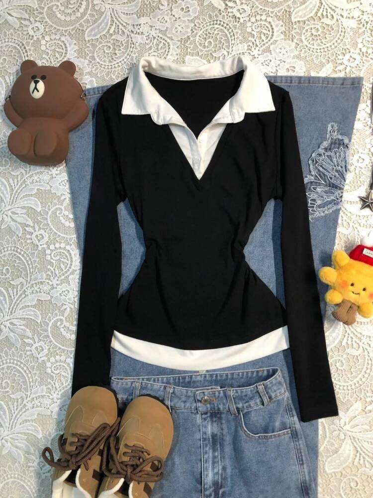 Bestseller Japanese Retro Fake Two Piece Casual Tops Women Autumn Vintage High Street Slim Thin Blouses New Fashion Dark Academia Clothing ddmytues