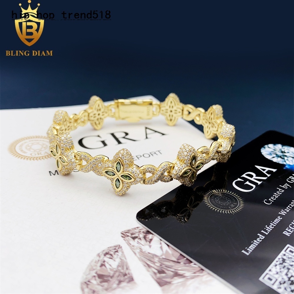 15mm New Marquise Flower Design Colorful 925 Sliver Hip Hop Jewelry Iced Out Cuban Link Moissanite Bracelet