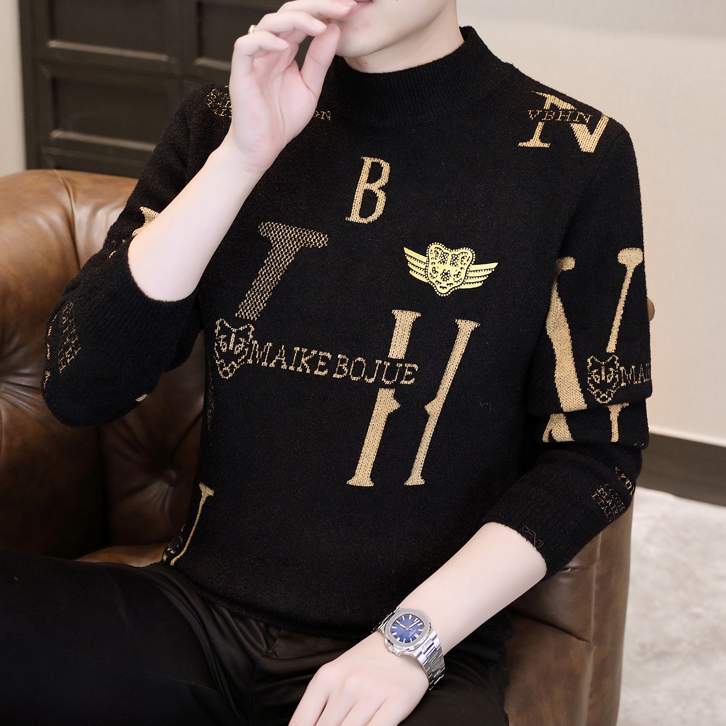 2026 New Style One-piece Fuzzy Sweater Men's Luxury Trendy Knitted Shirt Warm And Thick Jacquard Lettered Casual Underwear Fashionable Versatile 
