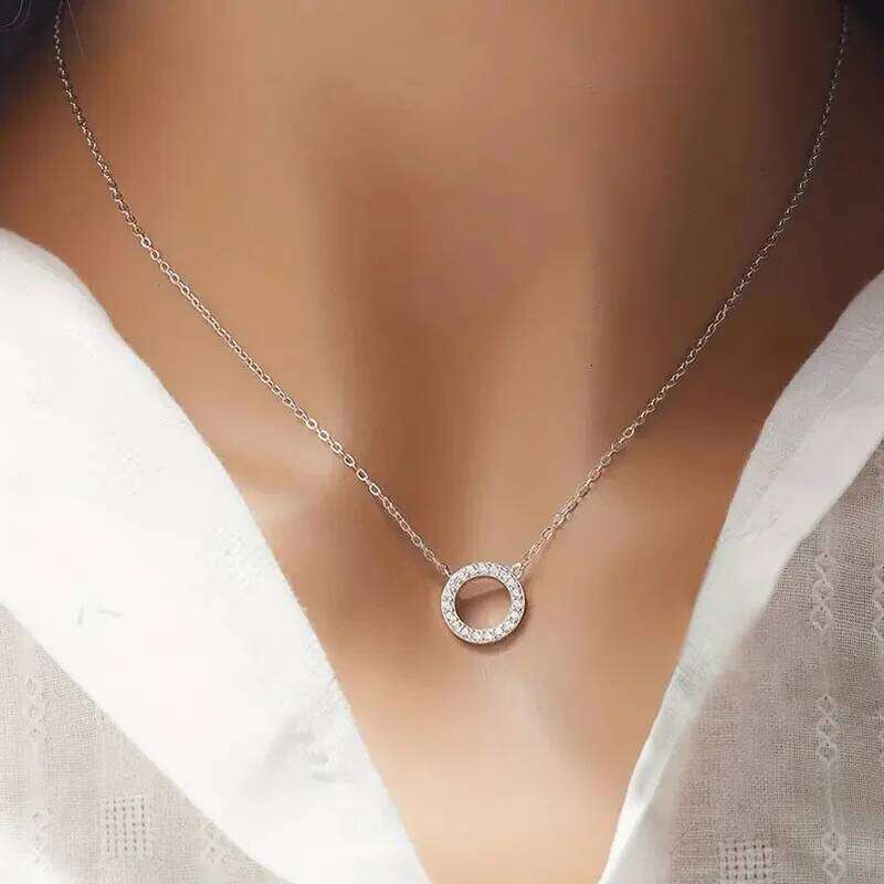 Circle Pendant for Women Fashion Contracted Choker Necklace Exquisite Sparkling CZ Jewelry
