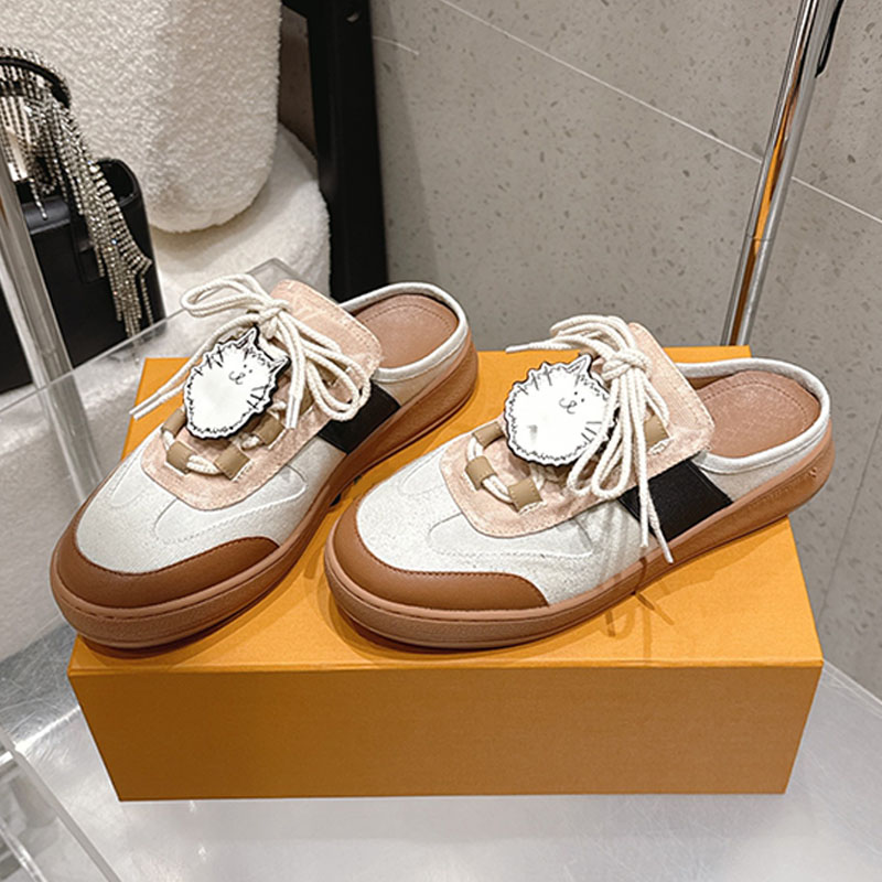 2026SS Women Lous Open Back Sneaker unique double laces design canvas mules playful cat accessory elastic inserts flat shoes supple rubber outsole