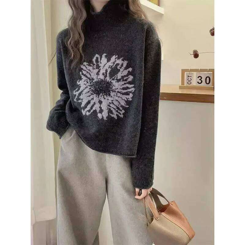 Fashion Turtleneck Retro Jacquard New Sweater Autumn And Winter Korean Designer Fashion Pullover Versatile Loose Top
