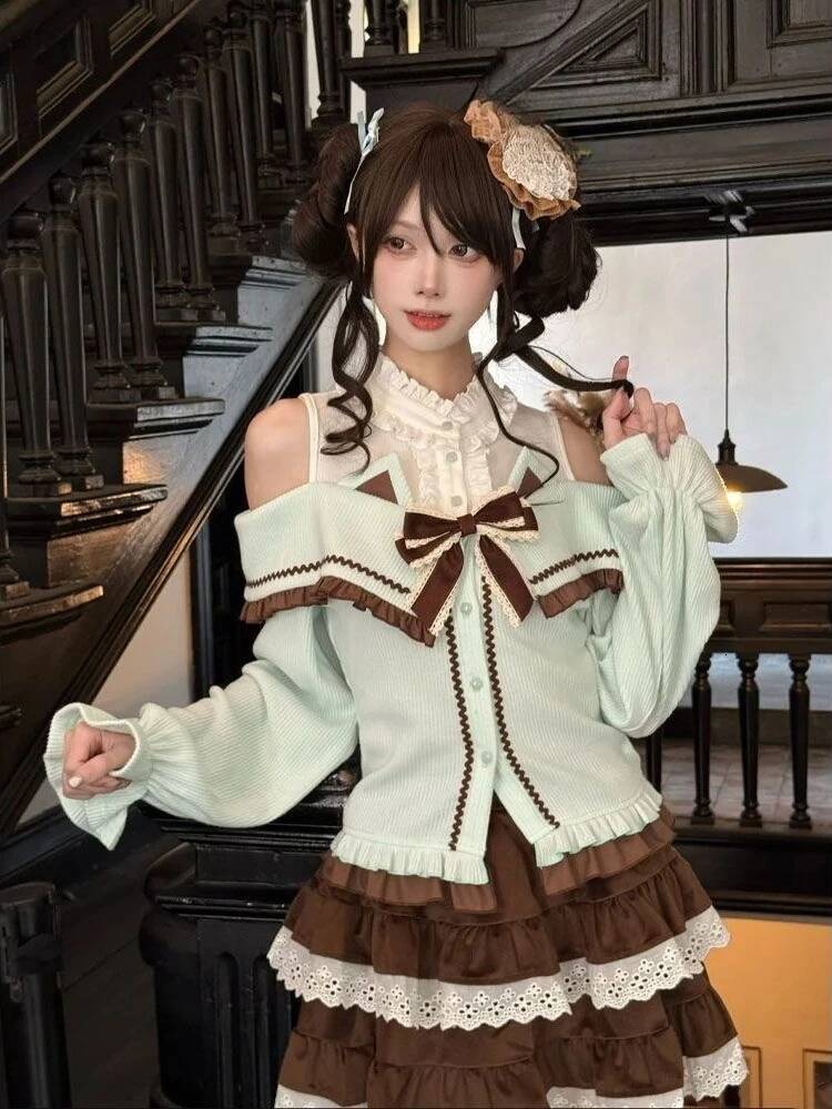 Bestseller Winter Japanese Kawaii Lolita 2 Piece Set Women Bow Patchwork Tops + Lace Cake Skirts New Lovely Fashion Sweet Slim Outfits 2025 ddmytues