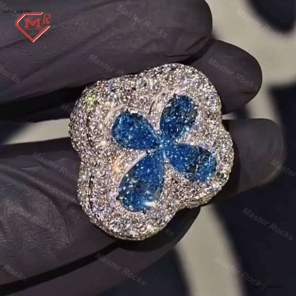 Customized Cross Hip Hop Vvs Iced Blue VVS Moissanite 925 Sterling Silver Men's Silicon Stone Ring