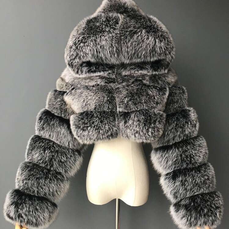 Manufacturer Wholesale Cross-Border European and American Coat Imitation Fox Fur Patchwork Hooded Short Long Sleeve Women's Clothing In Stock