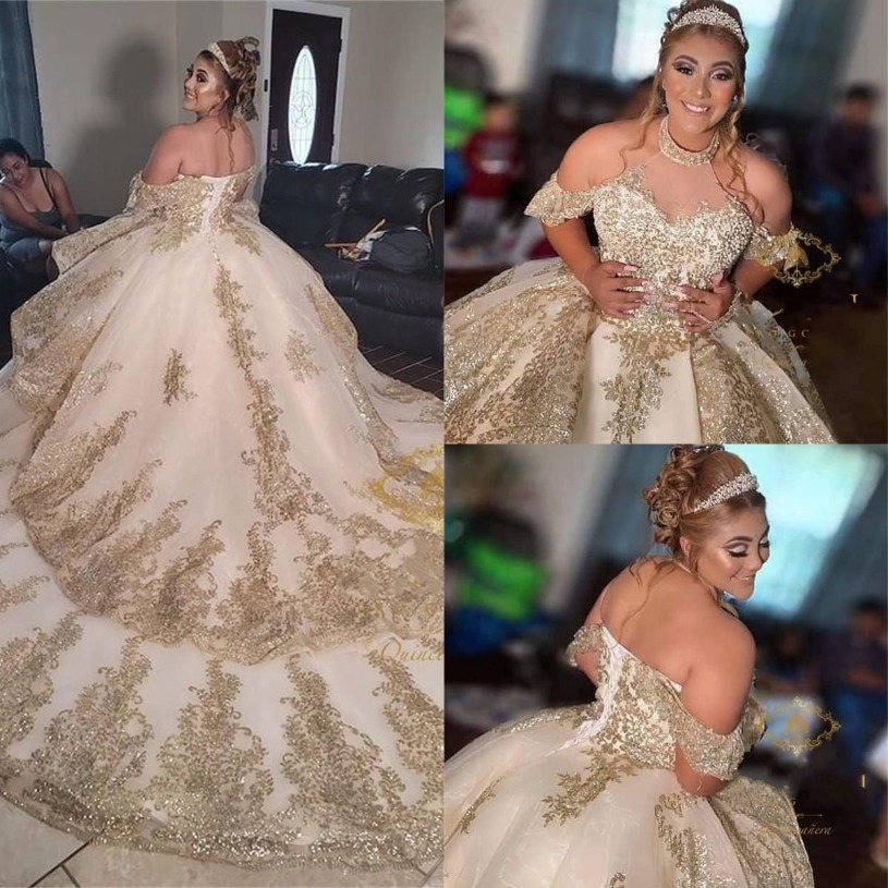 Princess Champagne gold Quinceanera Dresses High Off Shoulder Applique Beading Sweet 16 Dress Pageant Gowns vestidos de 15 anos J02