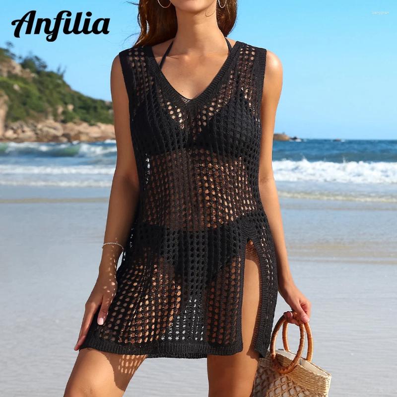 Anfilia Women Beach Cover Up Crochet Sexy Deep V-Neck Side Slit Sleevesless Hollow Out Dress Knitted Fashion