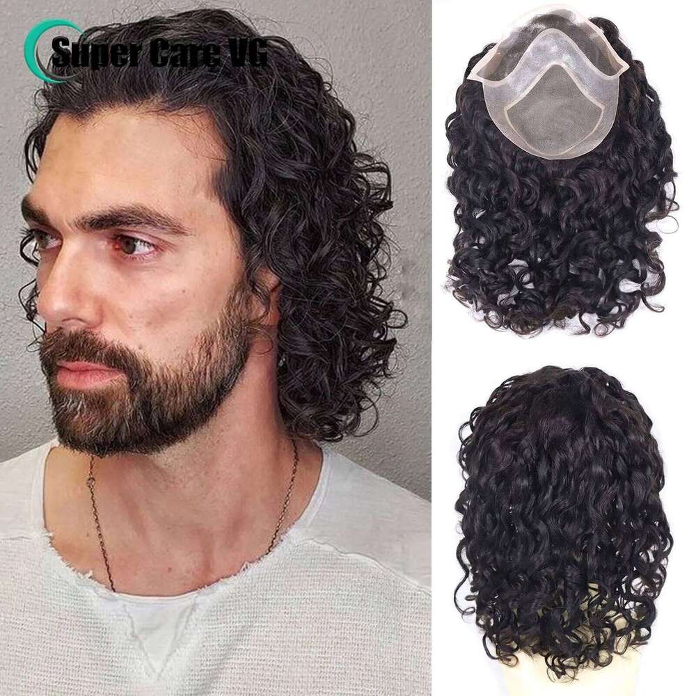 16Inch Jerry Curly Long Men's Toupee Hair Replacement Systems 8x10 Mono Lace With PU Base Man Wig Men Capillary Prosthesis