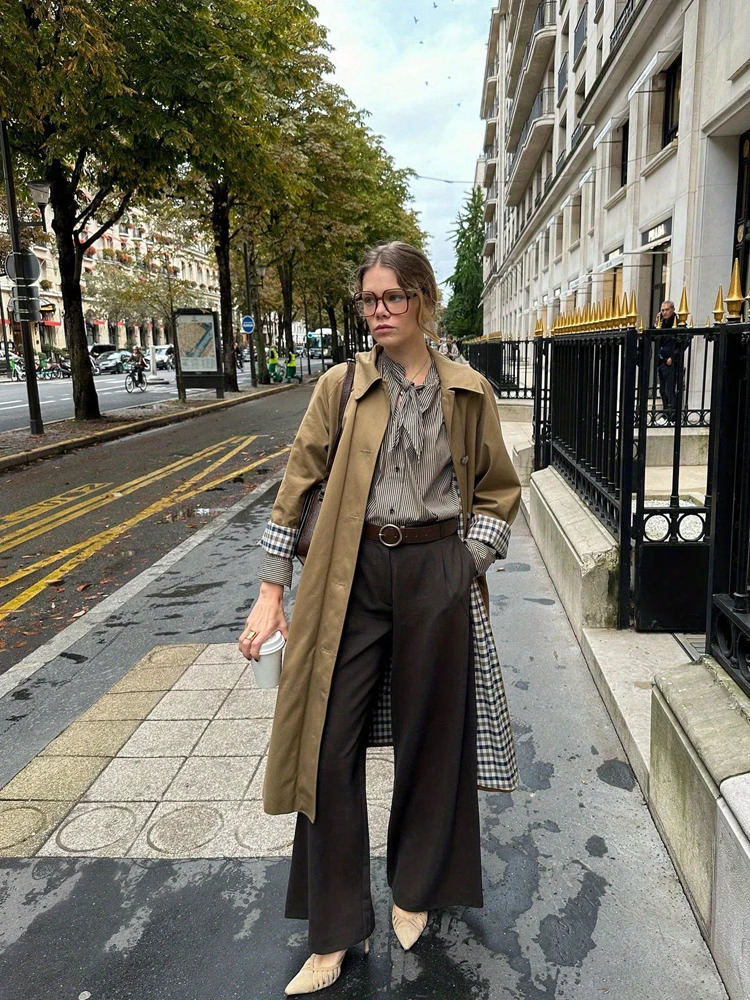 AutumnWinter Fashion Outerwear Womens Check Print FrontButtoned Casual LongSleeved MidLength Trench Coat 2025 Arrival 260106