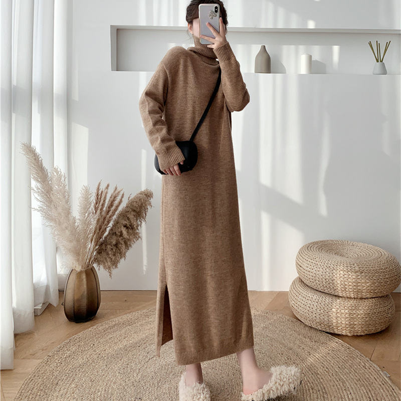 REALEFT Autumn Winter Loose Turtleneck Straight Women Sweater Dresses Long Sleeve Warm Knitted Chic Long Dresses Female 240729