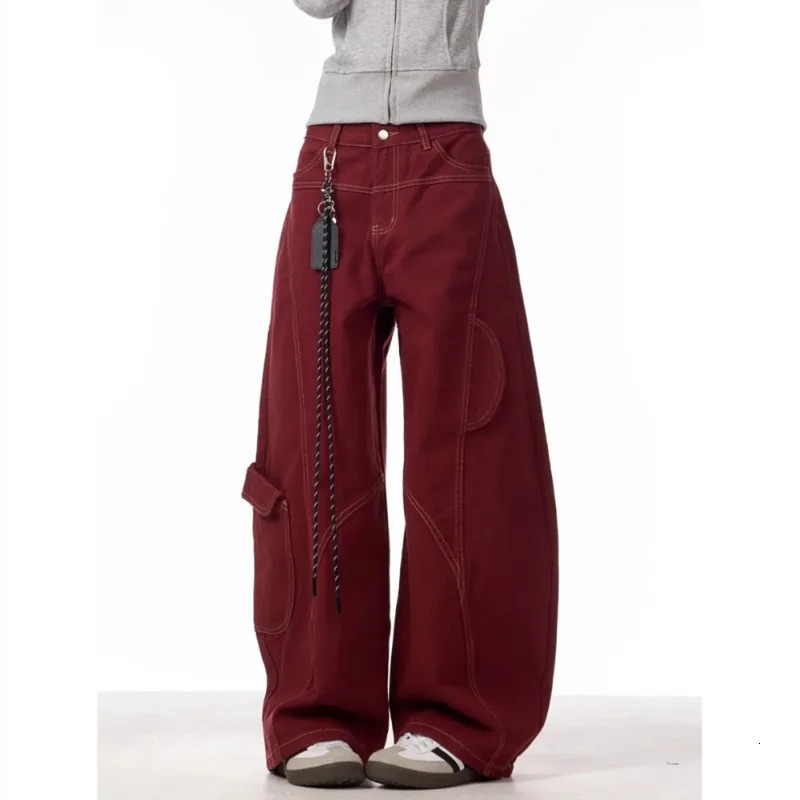 Cargo Red Casual Jeans Workwear Pants Loose Straight Wide Leg Trousers Spring Korean Style Lazy Comfortable Chic 260106