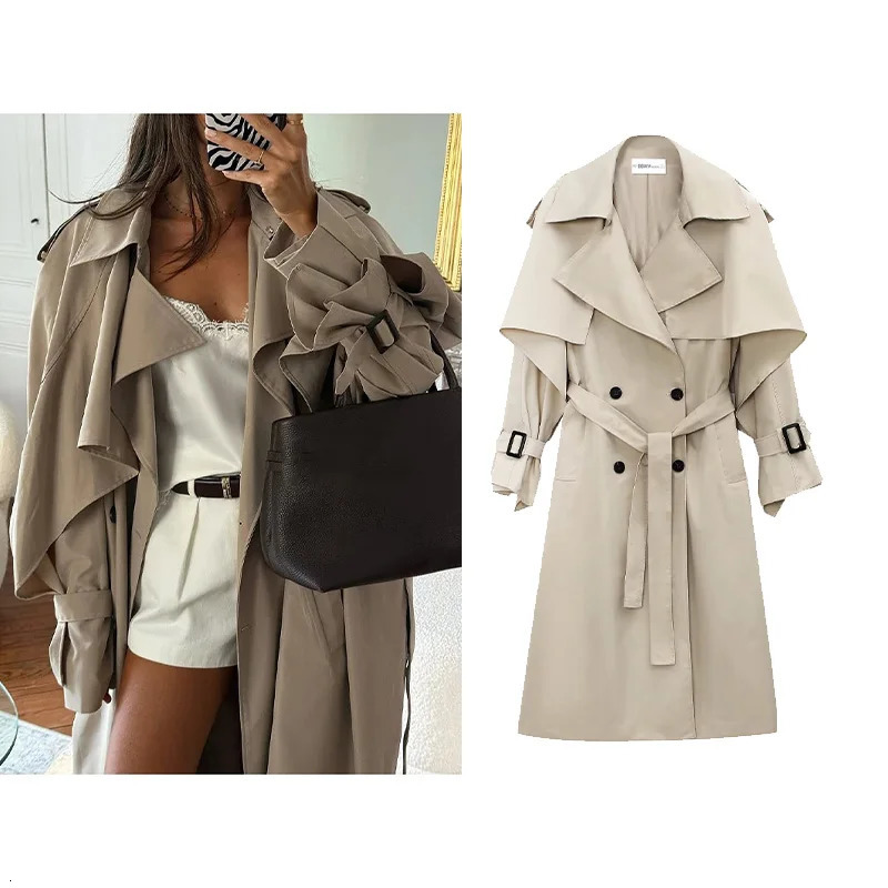 Autumn Women Double Breasted Long Trench Coat with Belt Casual Tierred Lapel Collar Sleeves Windbreaker Womens Outerwears 260106