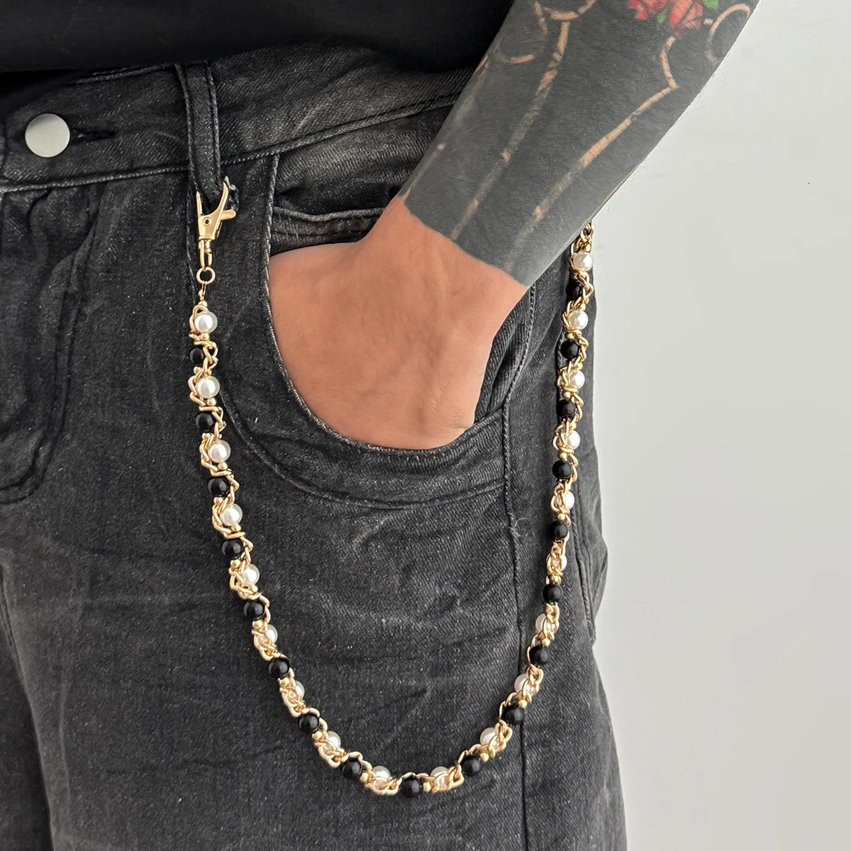 Salircon Punk Pearl Trousers Hipster Pant Jeans Keychain Ring Clip Men Metal Handmade Beaded Waist Chain Jewelry Gifts 260104