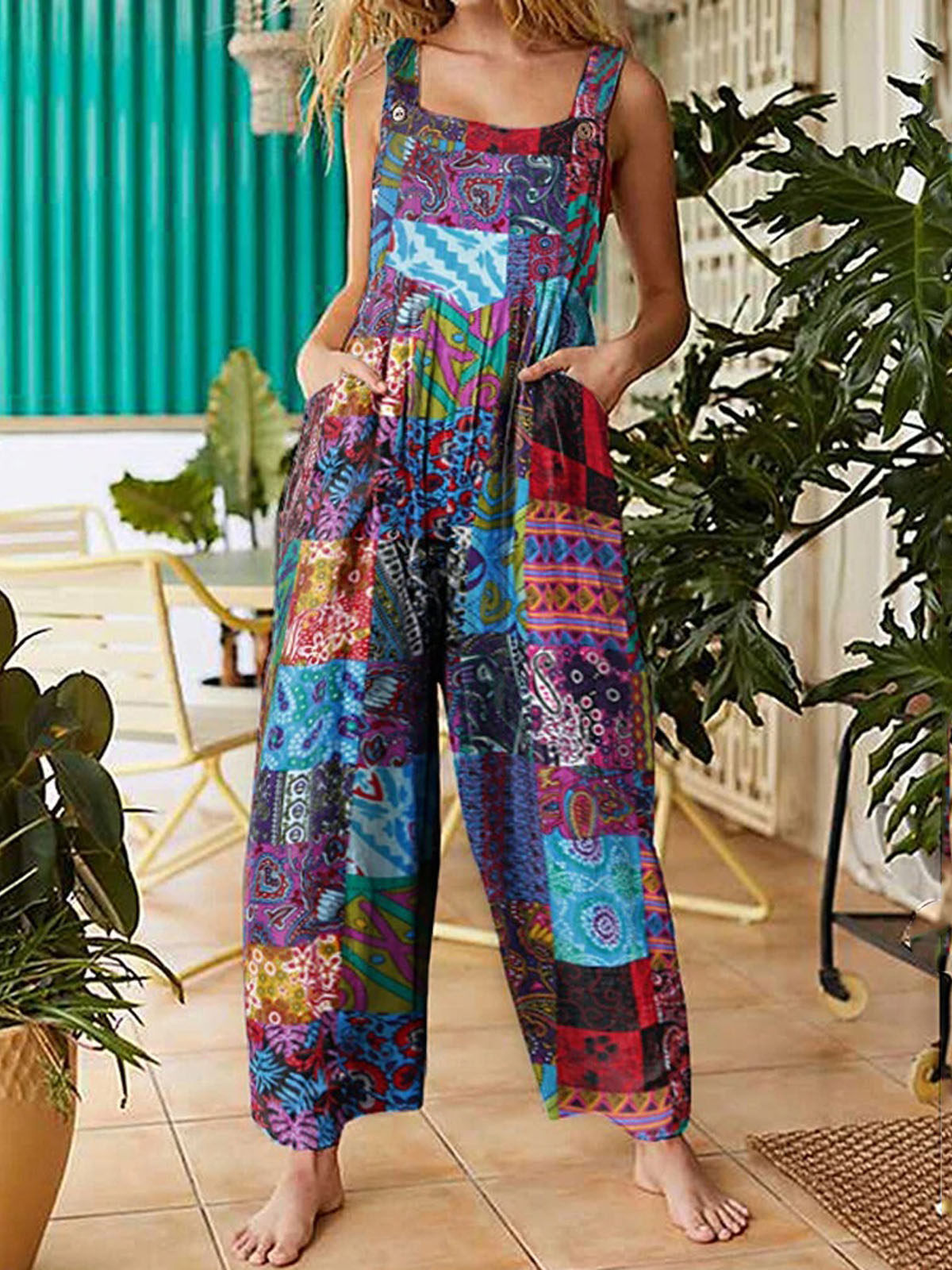 Patchwork Printed Jumpsuit Suspenders Patchwork Printed Overalls231123