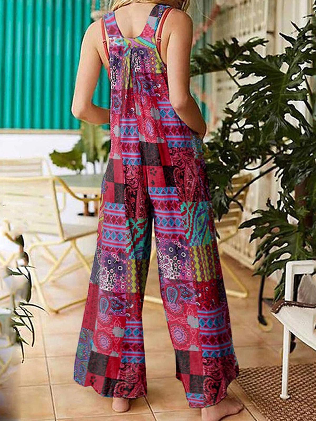 Patchwork Printed Jumpsuit Suspenders Patchwork Printed Overalls231123
