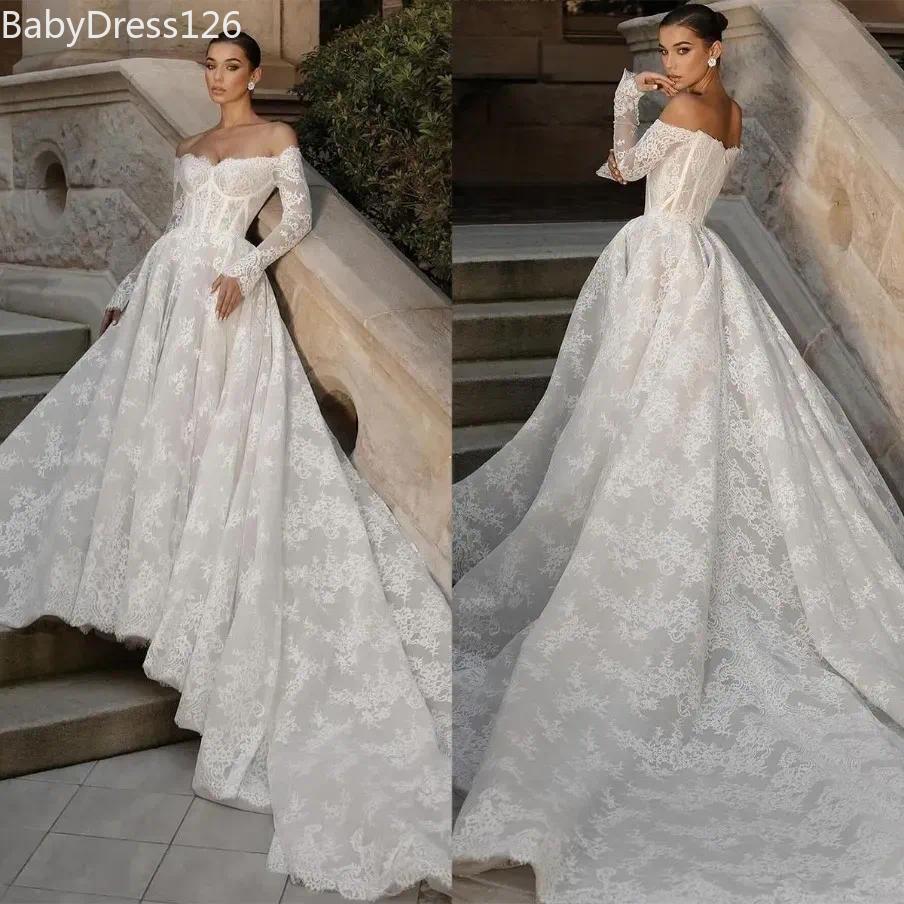 Elegant French Lace Princess Wedding Dresses A Line Off Shoulder Long Sleeves Appliques Bride Gowns Custom Made Robe de mariee D27