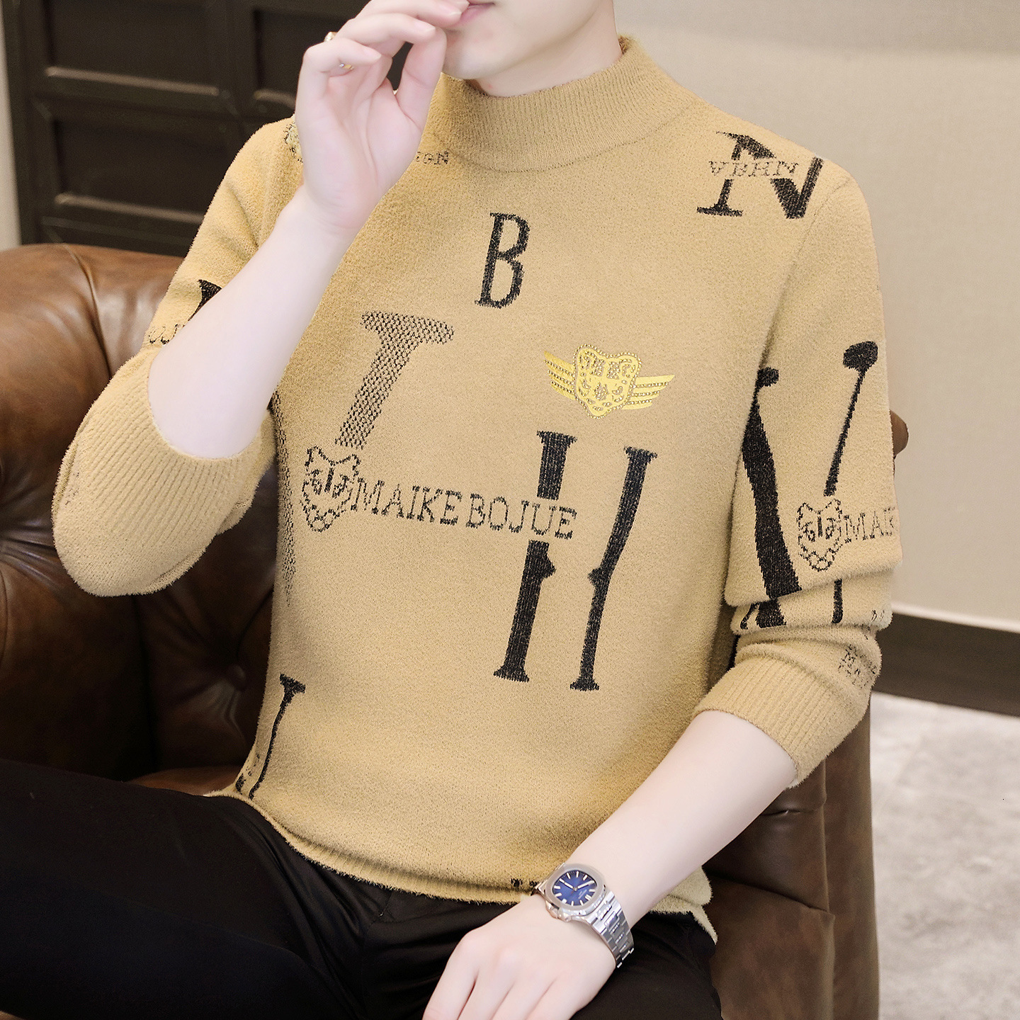 2026 New Style One-piece Fuzzy Sweater Men's Luxury Trendy Knitted Shirt Warm And Thick Jacquard Lettered Casual Underwear Fashionable Versatile 