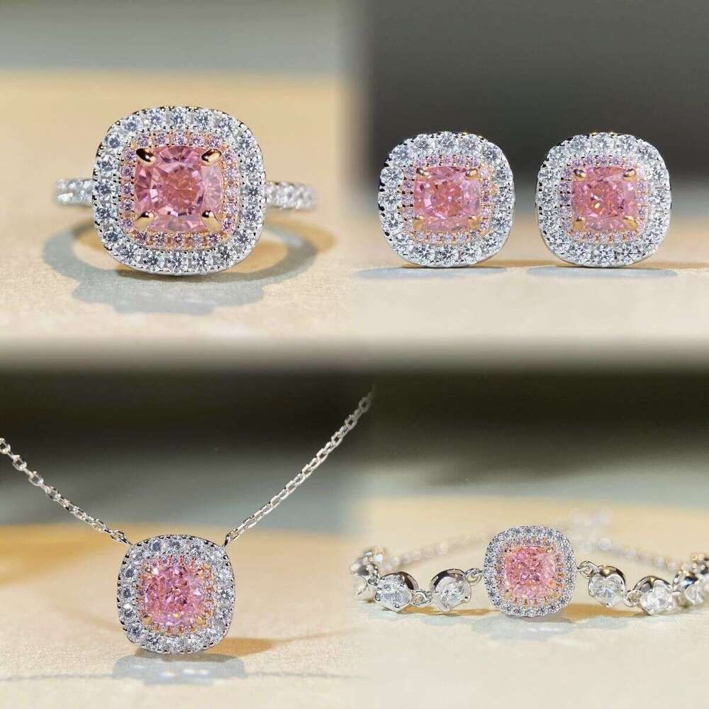 Terling Silver Pink Set Necklace Pendant Earrings Ice Flower Radiant Cut Zircon High Carbon Diamond Ring Exotic Zircon Luxury Inlay Elegance Fashion Necklace