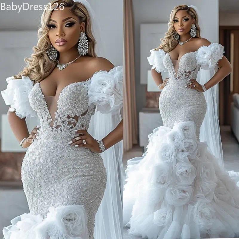 Arabic Aso Ebi Ivory Wedding Dress Mermaid Bridal Gowns For Bride Off Shoulder V Neck Sexy Flora Tiered Tulle Charming Wedding Gowns D600
