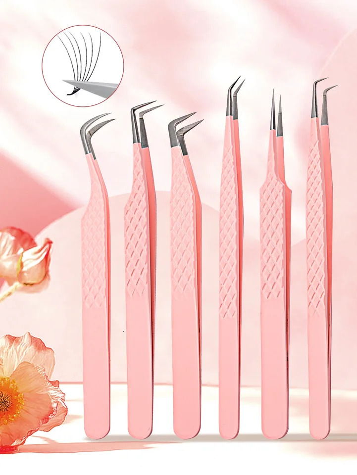 GEMERRY Eyelash extensions tweezers Pink Stainless Steel Makeup professional Tools with Fiber Tips High Precision Anti-Static 251231
