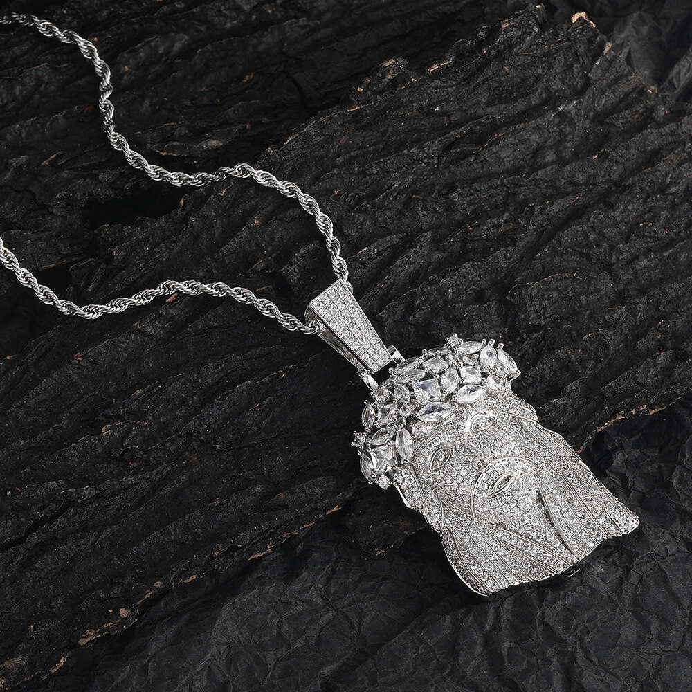 European And American Hip-Hop Copper Inlaid Zircon Personality Domineering Men's Necklace Cross-Border Human Face Head Pendant Chain