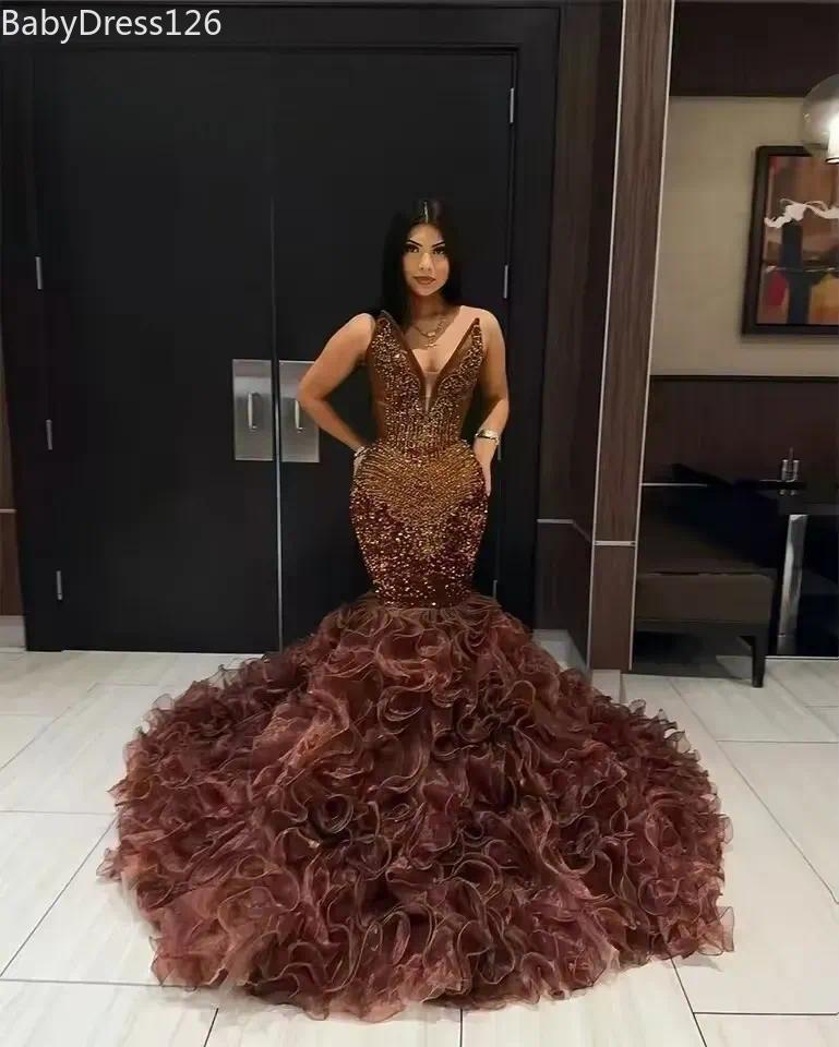 Glitter Brown Prom Dress Black Girls Ruffles Tiered Glitter Beads Crystals V-Neck Birthday Party Gown Lace-Up Back Customized
