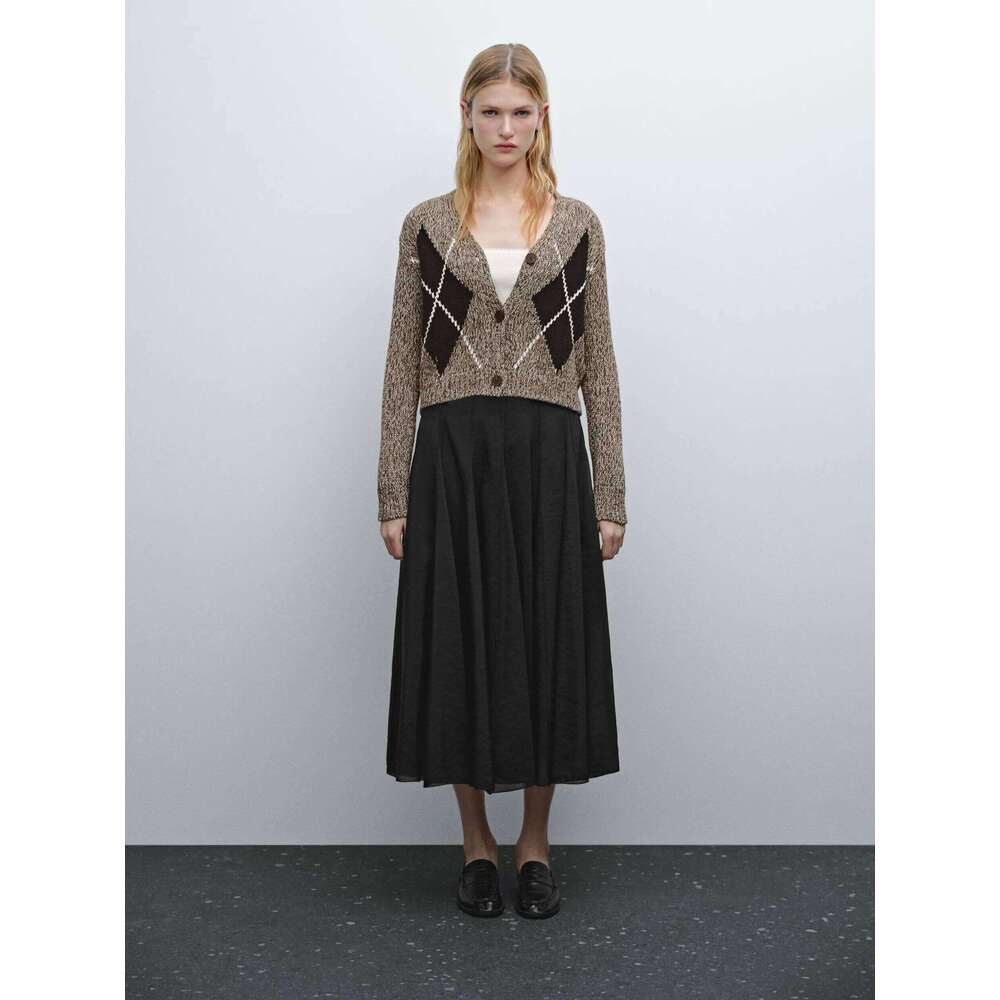 Ethereal MD Massidutti Spring New Style Of Women's Casual Preppy Brown Diamond Cotton Short V-Neck Knit Cardigan 251117 MDNG