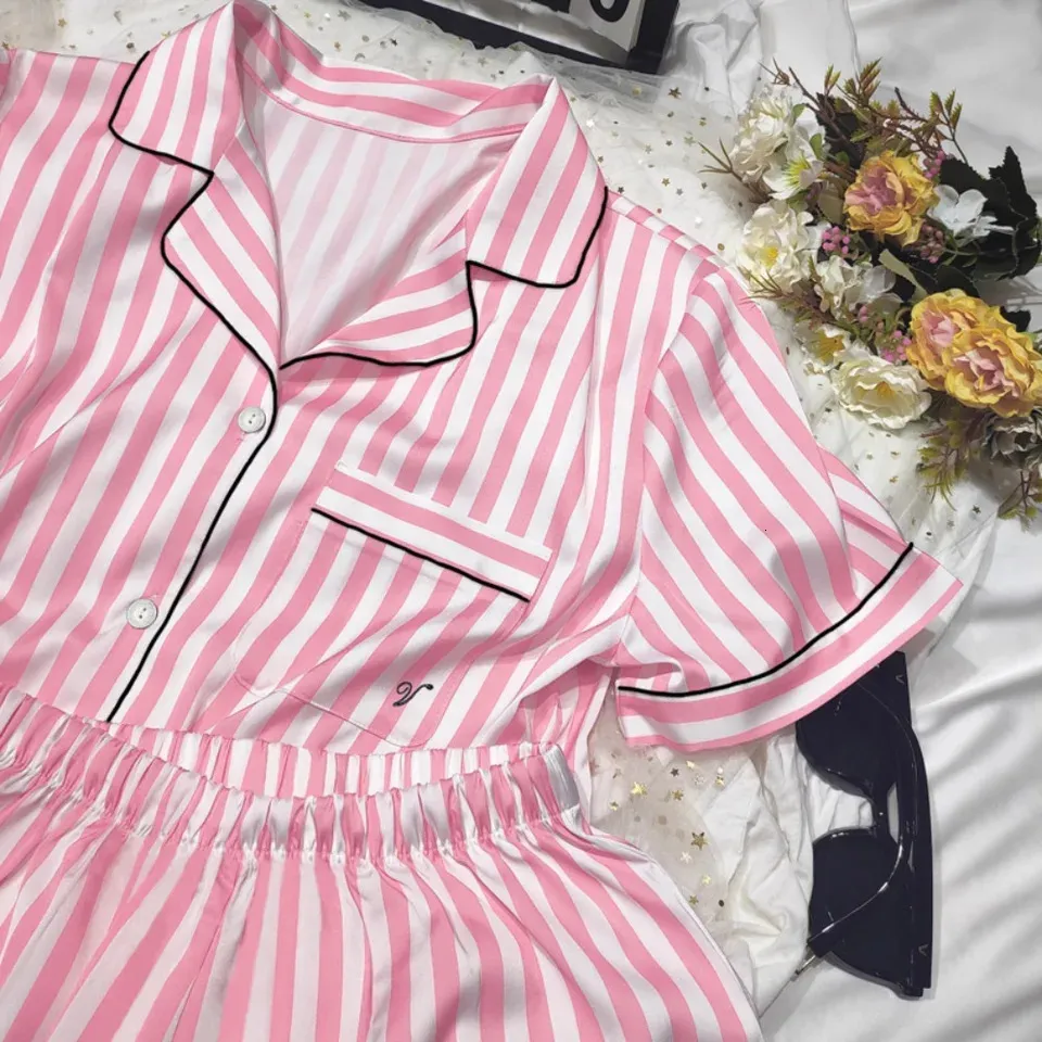 Womens pajama set summer 2piece short sleeved top and synthetic silk satin soft stripe printed home clothes 250320
