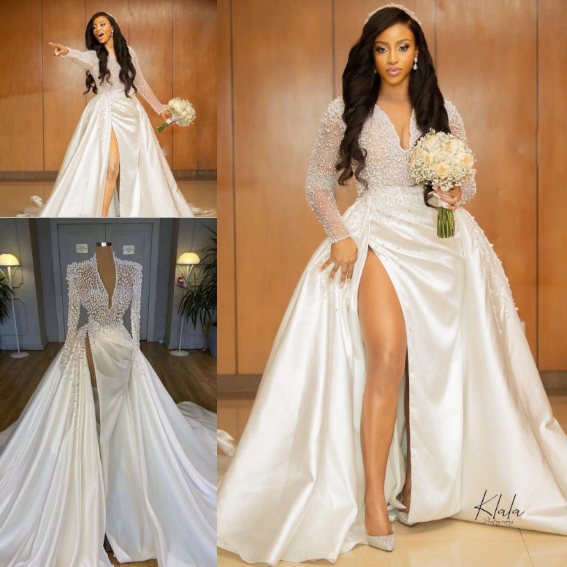 Illusion Pearls Crystal country wedding dresses 2026 african long sleeve Side Split Arabic Satin church garden bridal reception gowns Robe de mariee J01