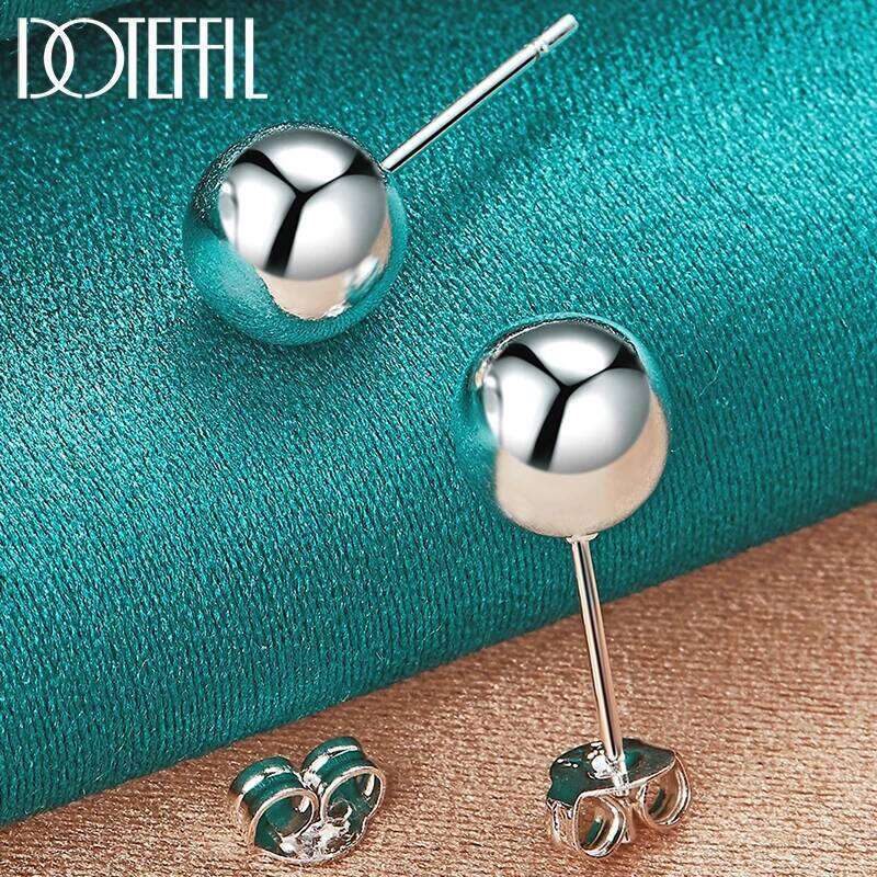 DOTEFFIL 925 Sterling Silver 8mm 10mm Round Smooth Solid Bead Ball Stud Earrings For Women Wedding Engagement Party Jewelry