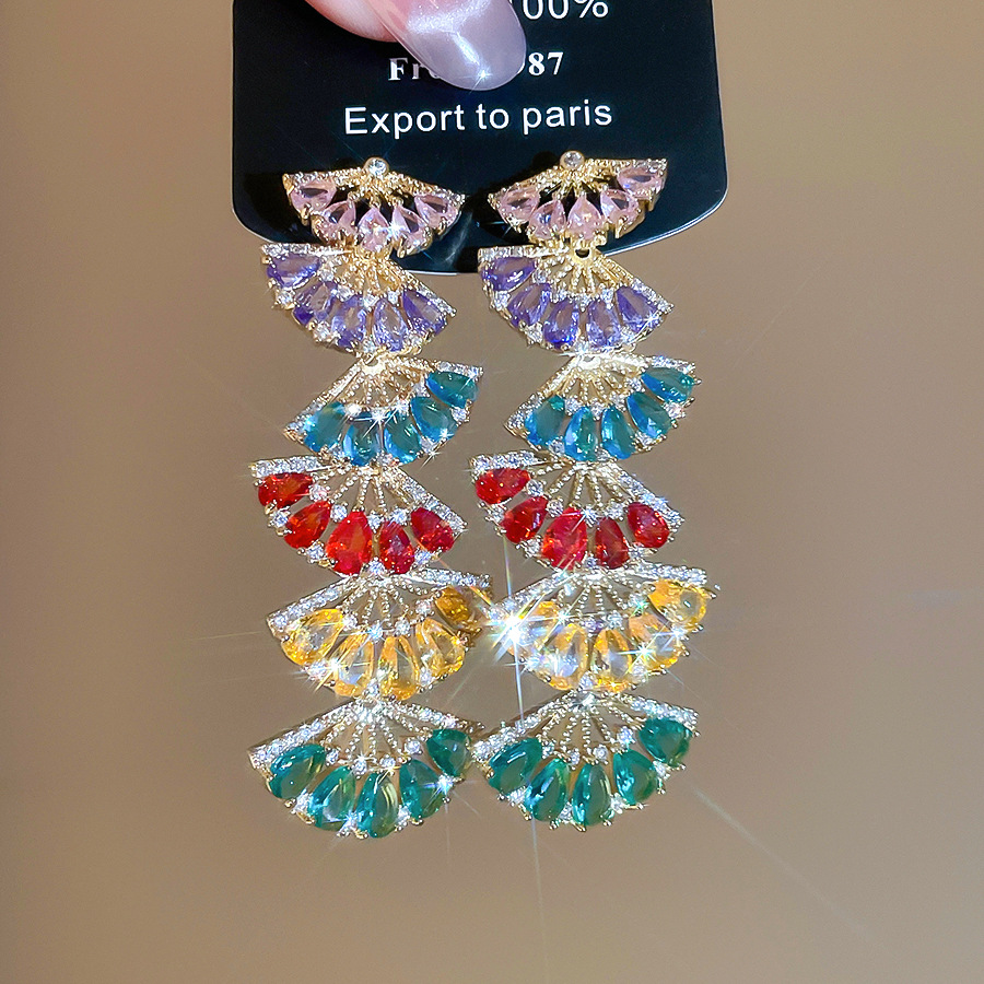 French Sparkling Pink Fan-shaped Long Earrings Vintage Niche Light Luxury Sweet Cool Style Ear Accessories - view 5