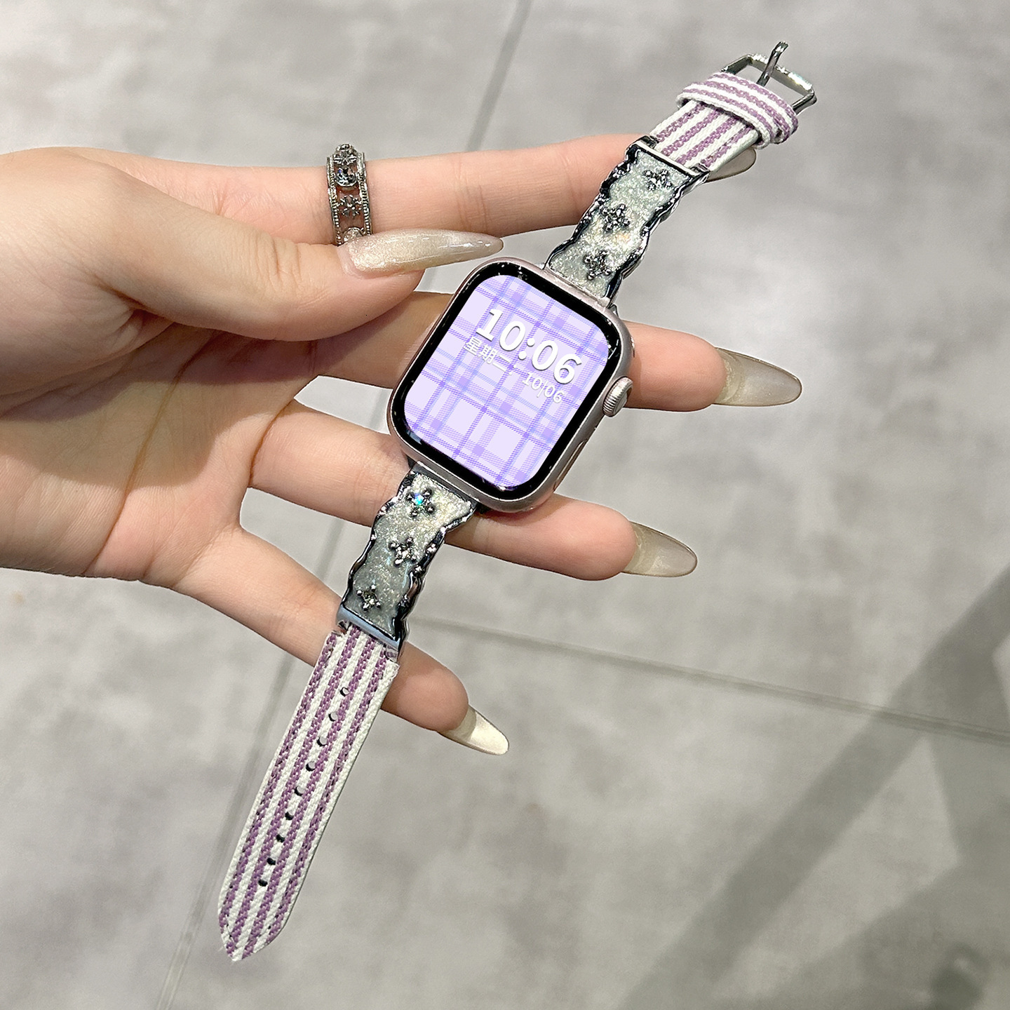 Compatible with Apple S10 Watch Band 9/8 New Blue Stripe Gold Trim Striped Canvas 7/6/5/4/3 NFC Wristband for Women