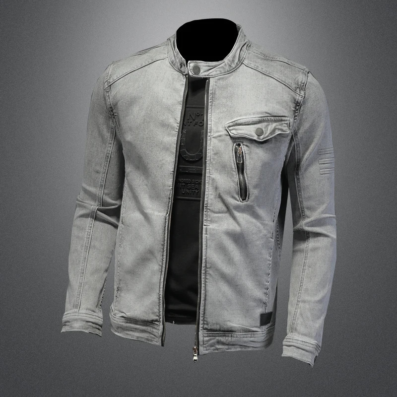 Men Moto Biker Streetwear Denim Jackets Vintage Grey Bomber Jacket Outwear Male Casual Cotton Stand Collar Coats 260104