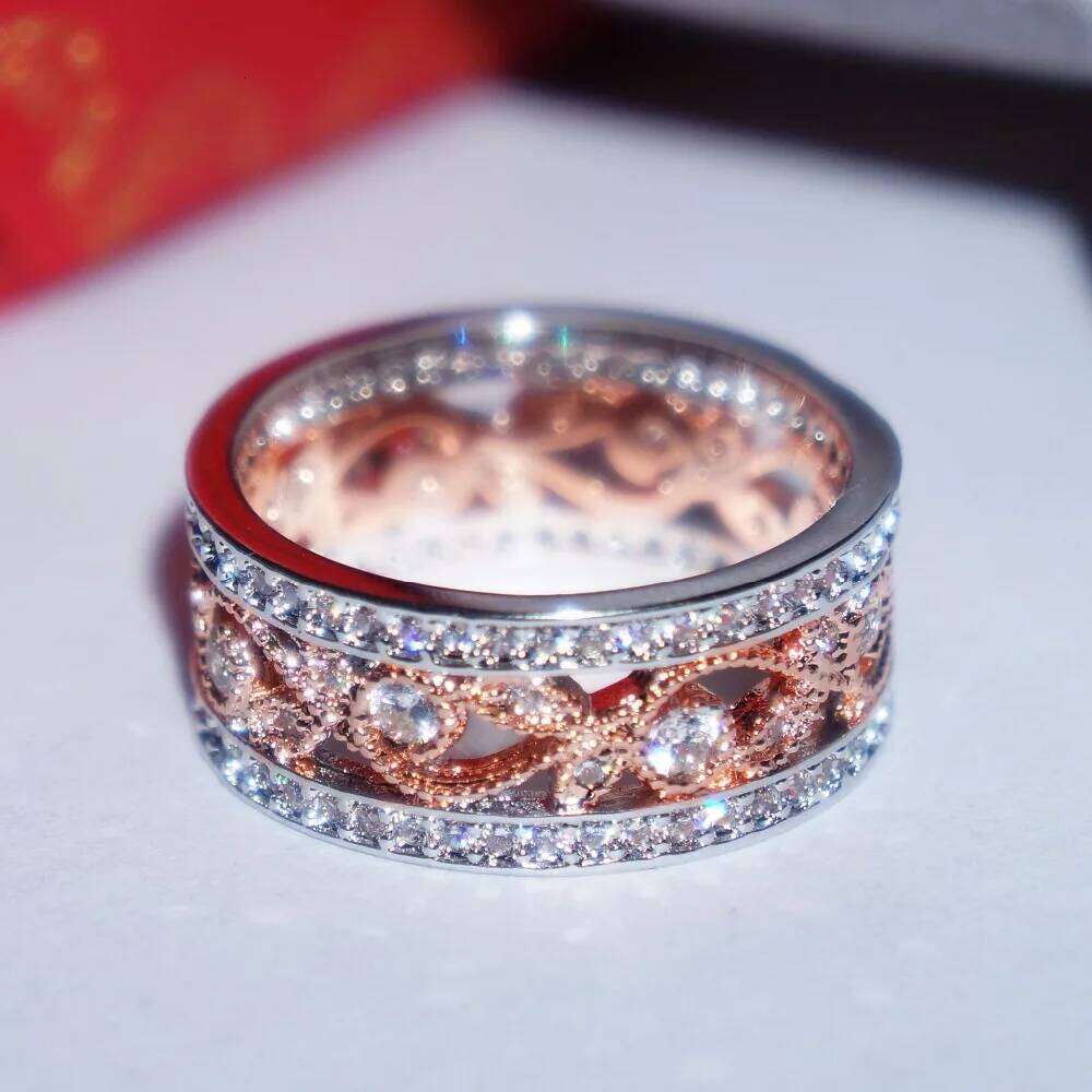 Hot Sale rose gold and Silver Color Square Vintage Fascination, Clear CZ Big Ring For Women Luxury Fashion flower Jewelry